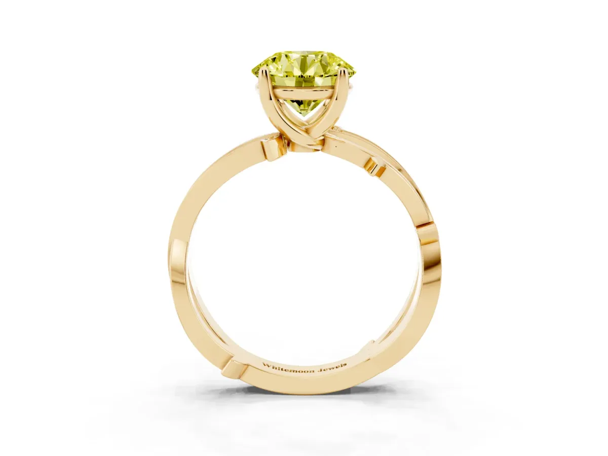 Fancy Yellow Round Cut Solitaire Twist Band with Pavé Accents and Four-Prong Setting Yellow gold