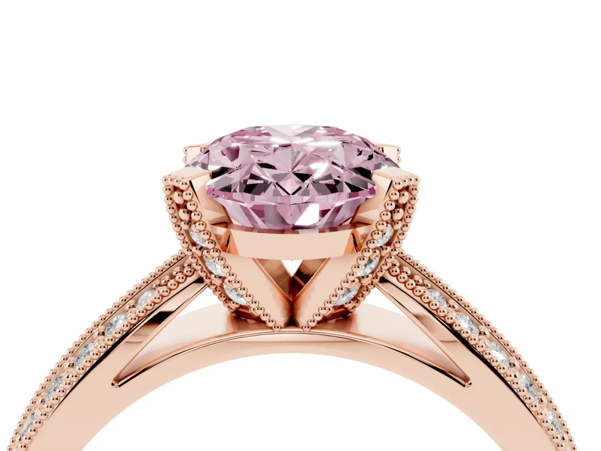 Fancy Pink Oval Cut Diamond Solitaire Ring with Milgrain Round Pavé Band and Prong Setting Rose gold