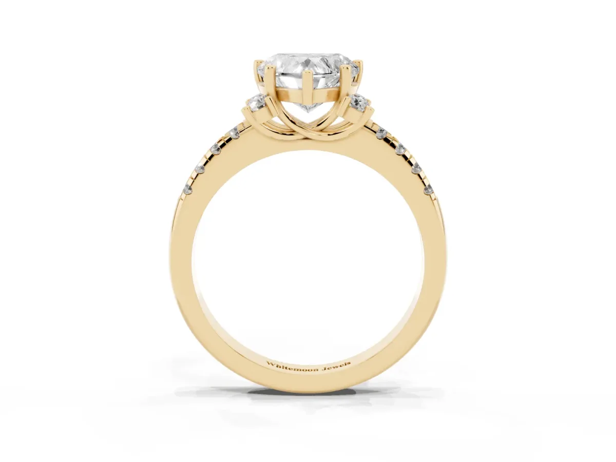 Heart Cut Diamond Three-Stone Pave Band with Four-Prong Setting Yellow gold