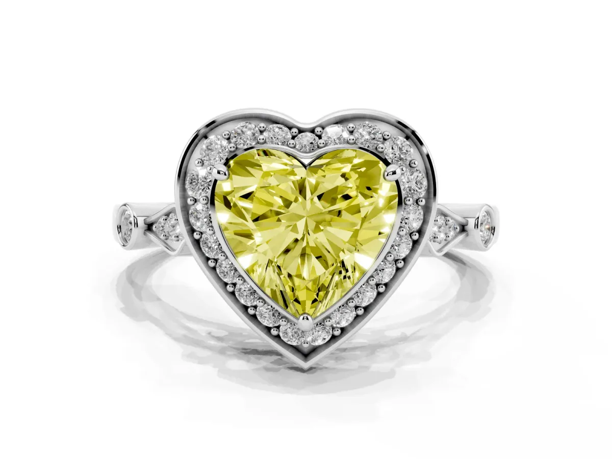 Fancy Yellow Heart Cut Halo Diamond Engagement Ring with Twisted Band and Four-Prong Setting Silver