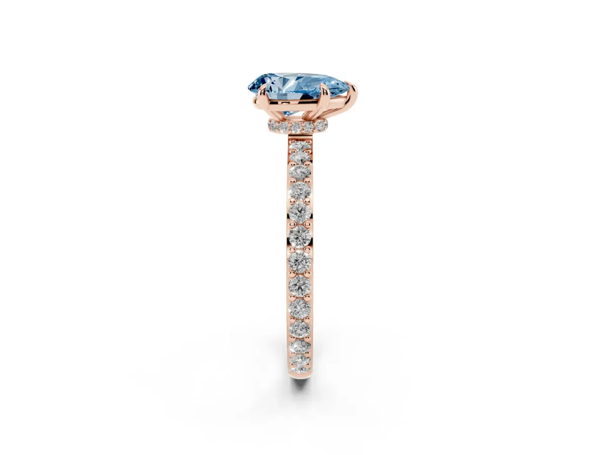 Fancy Blue Pear Cut Diamond Pavé Engagement Ring with Round Accents and Prong Setting Rose gold