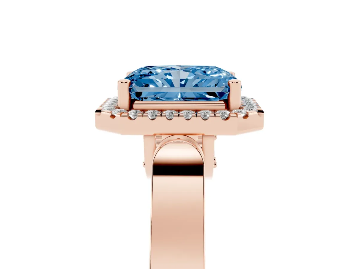 Fancy Blue Radiant Cut Halo Pave Split Shank Prong Setting Ring Rose gold