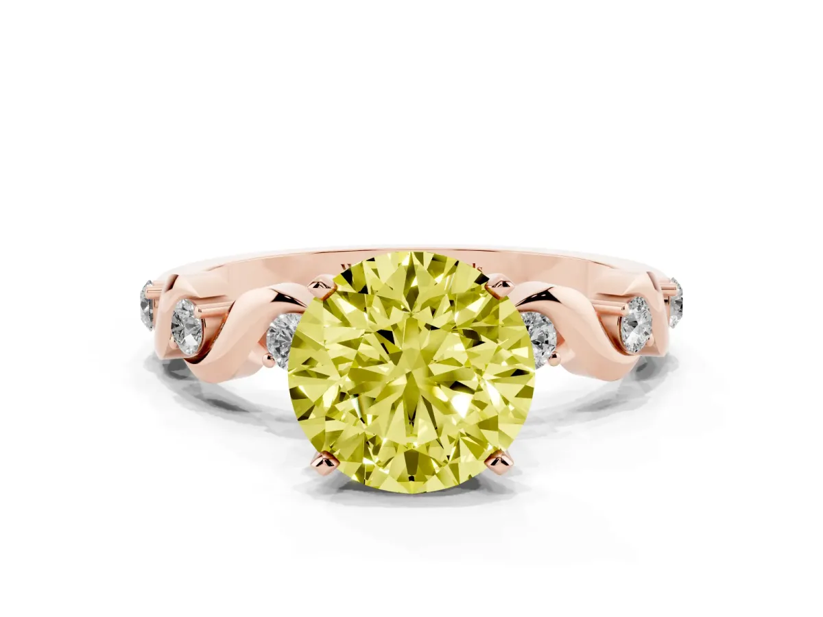 Fancy Yellow Round Cut Diamond Solitaire Twisted Band with Round Accents and Prong Setting Rose gold