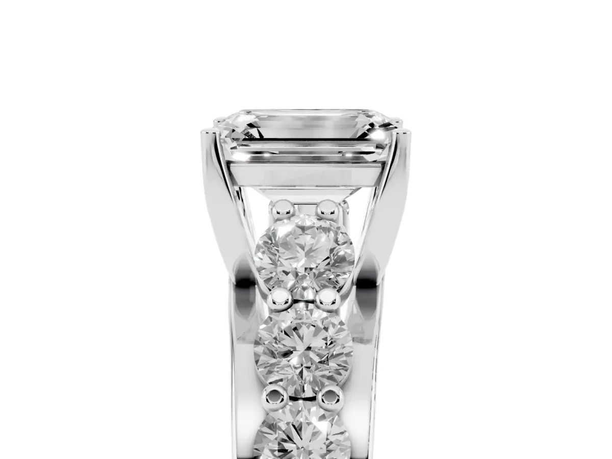 Emerald Cut Diamond Engagement Ring with Pavé Band and Four-Prong Setting Silver
