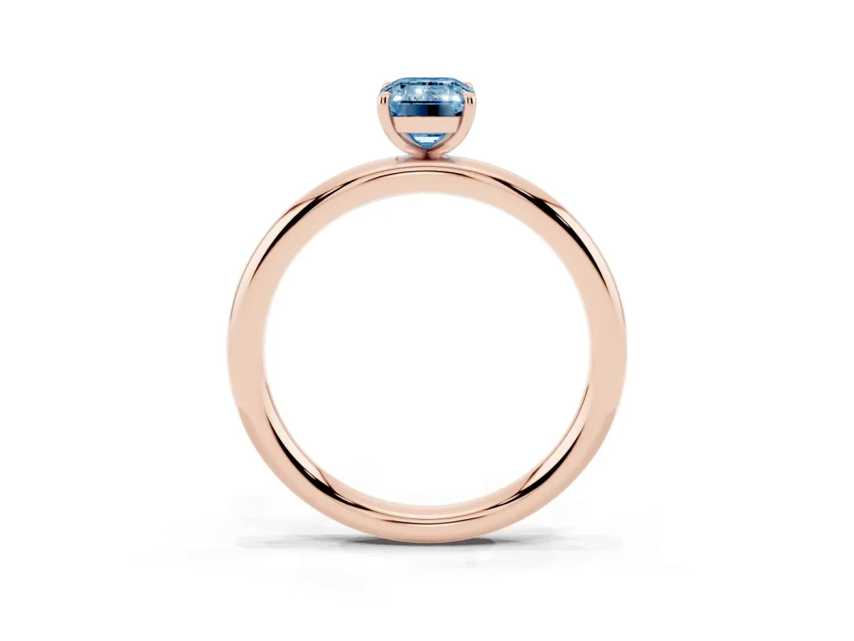 Fancy Blue Emerald Cut Solitaire Diamond Ring with Four-Prong Setting on a Plain Band Rose gold