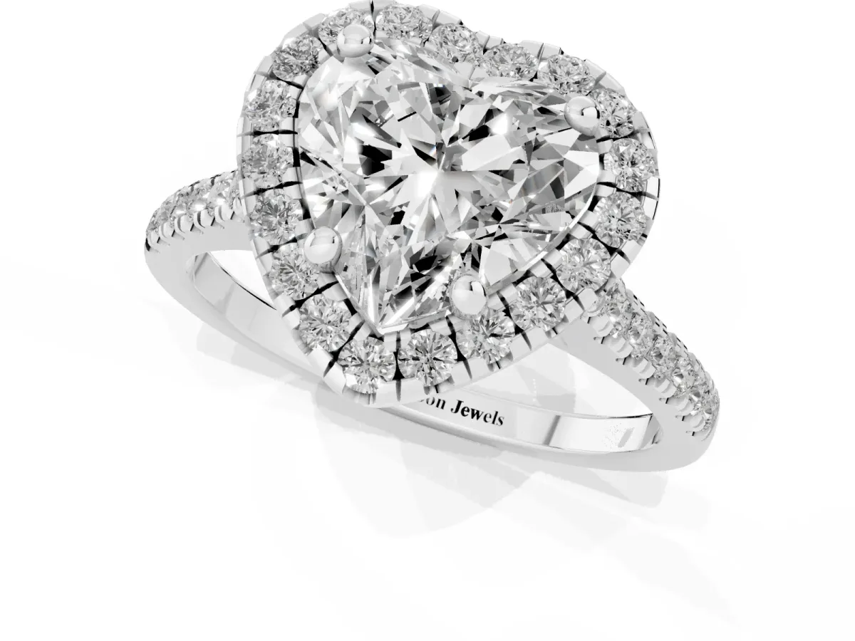 Heart Cut Diamond Cushion Halo Ring with Pavé Band Silver