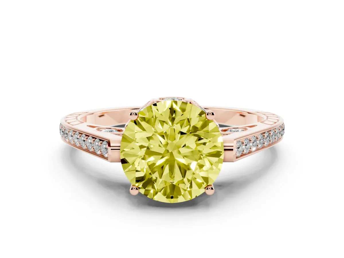 Fancy Yellow Round Cut Cut Cathedral Pave Diamond Engagement Ring with Six-Prong Setting Rose gold