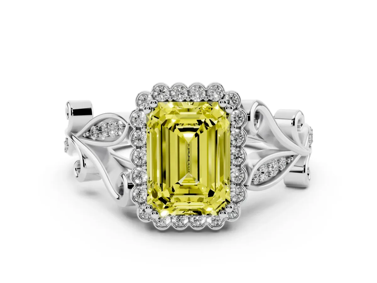 Fancy Yellow Emerald Cut Diamond Halo Ring with Vintage Split Shank and Four-Prong Setting Silver