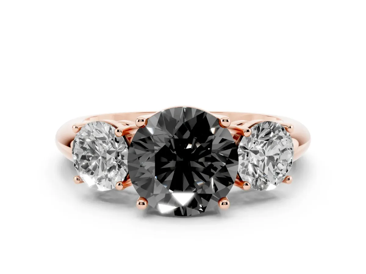 Fancy Black Three-Stone Round Cut Cut Diamond Engagement Ring with Prong Setting on a White Gold Band Rose gold
