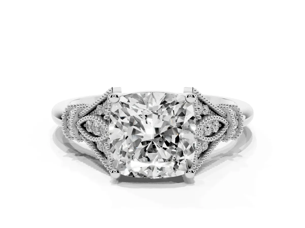 Cushion Cut Diamond Solitaire Ring with Floral Filigree and Pave Accents White gold