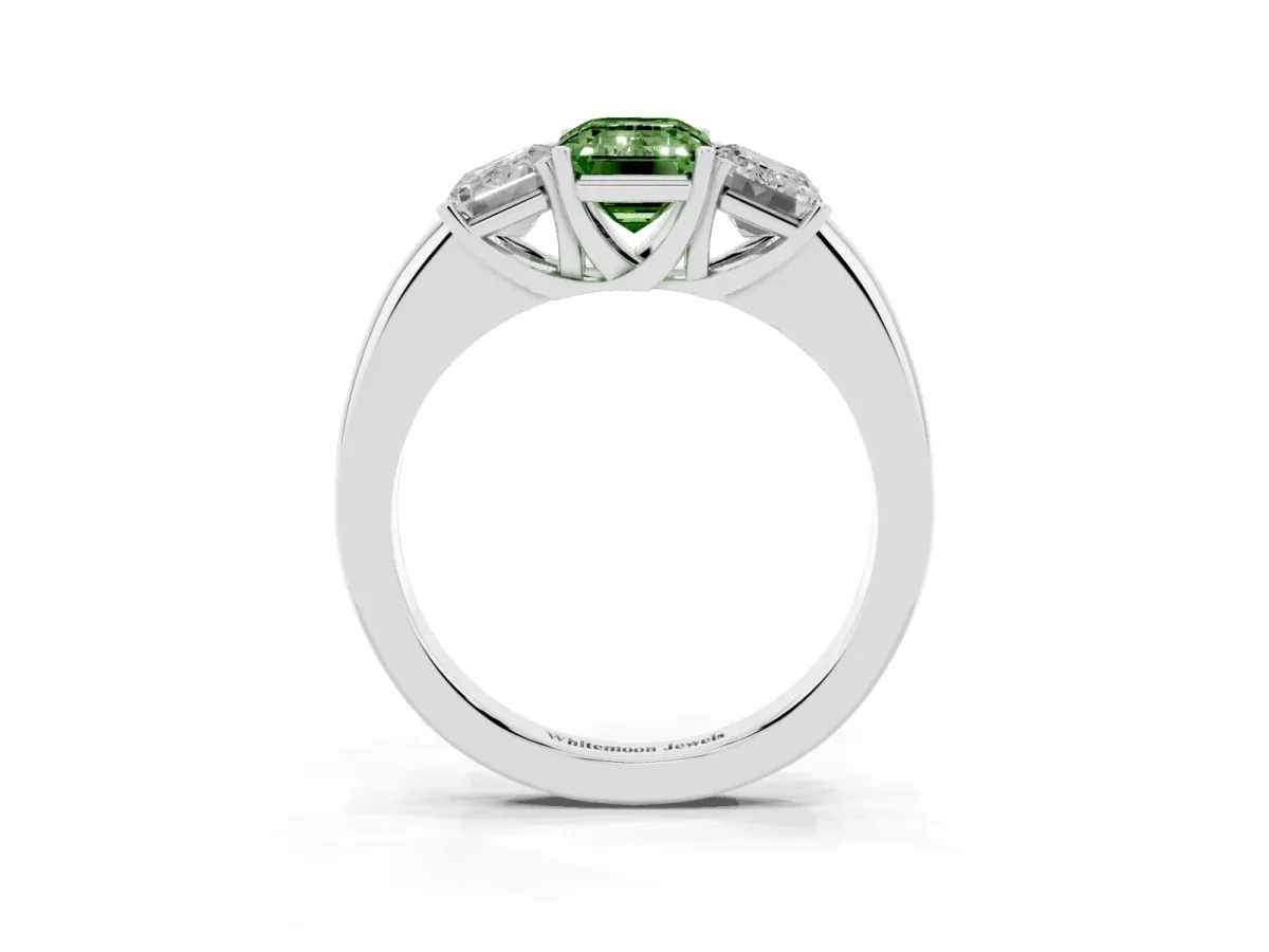 Fancy Green Emerald Cut Diamond Three-Stone Ring with Four-Prong Setting and Classic Band Silver