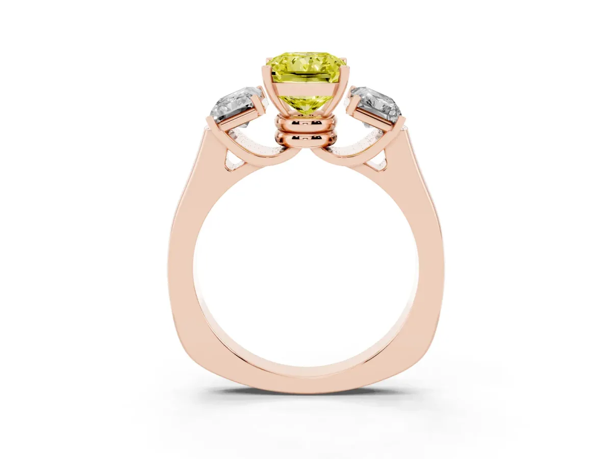Fancy Yellow Three-Stone Radiant Cut Brilliant Diamond Trellis Ring with Comfort Fit Band Rose gold