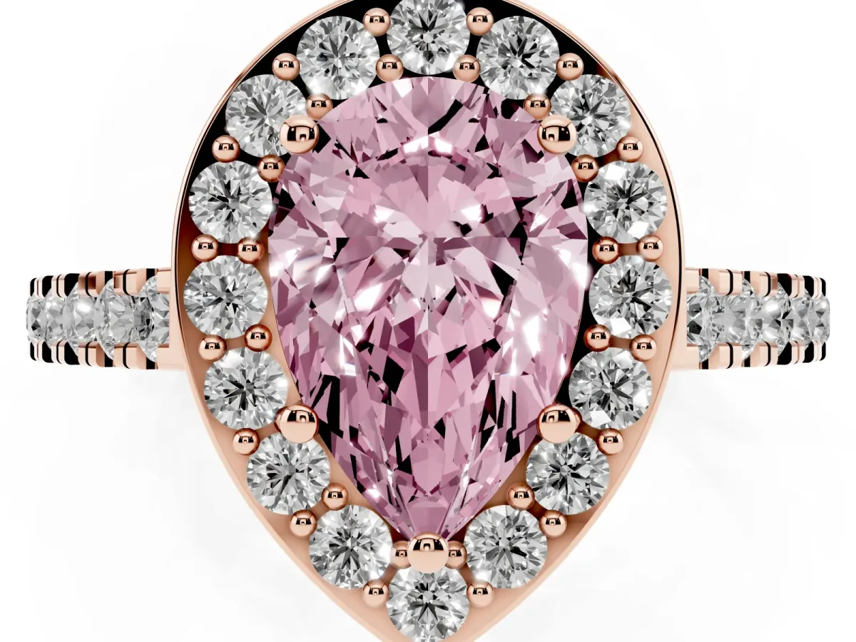 Fancy Pink Pear Cut Diamond Halo Ring with Round Pavé Split Shank and Prong Setting Rose gold
