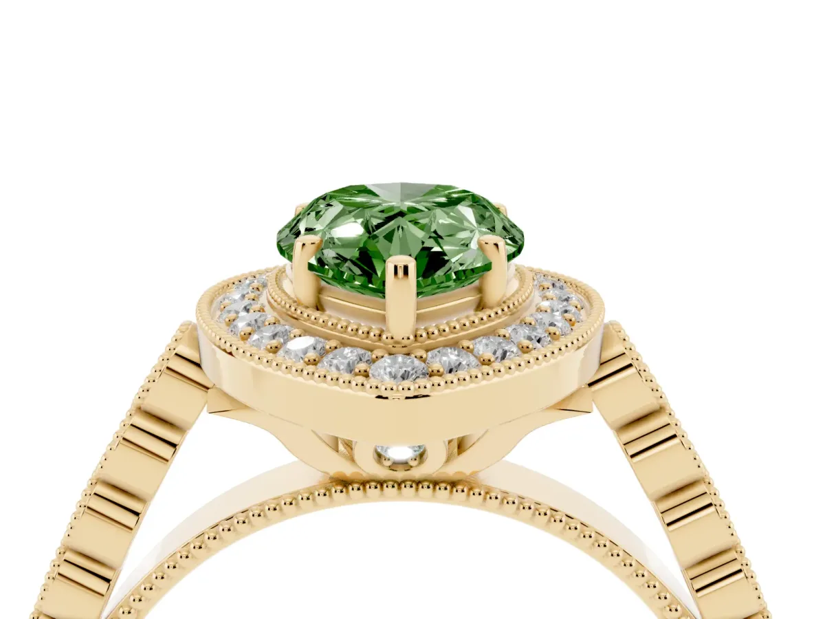 Fancy Green Pear Cut Halo Twist Band Solitaire Ring with Six-Prong Setting Yellow gold