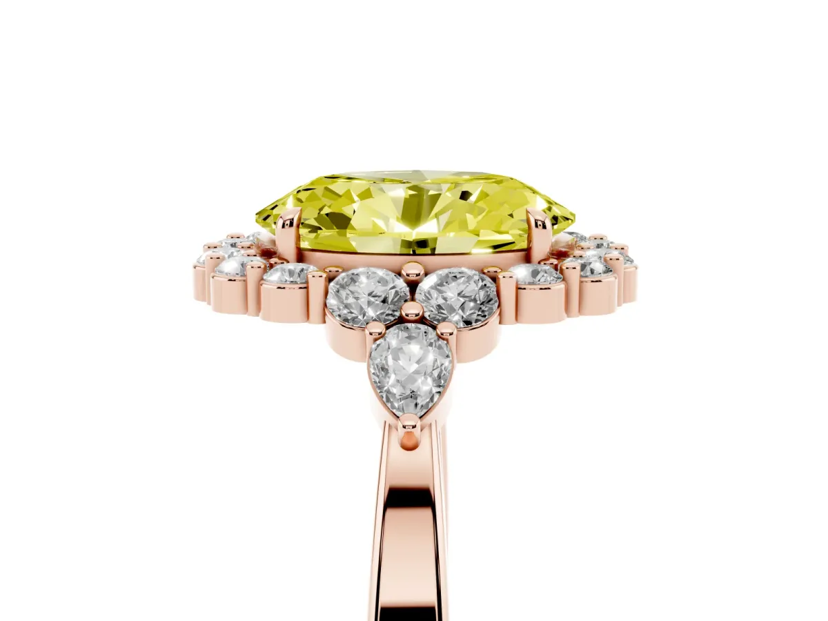 Fancy Yellow Oval Cut Diamond Halo Ring with Pear Side Stones and Prong Setting Rose gold