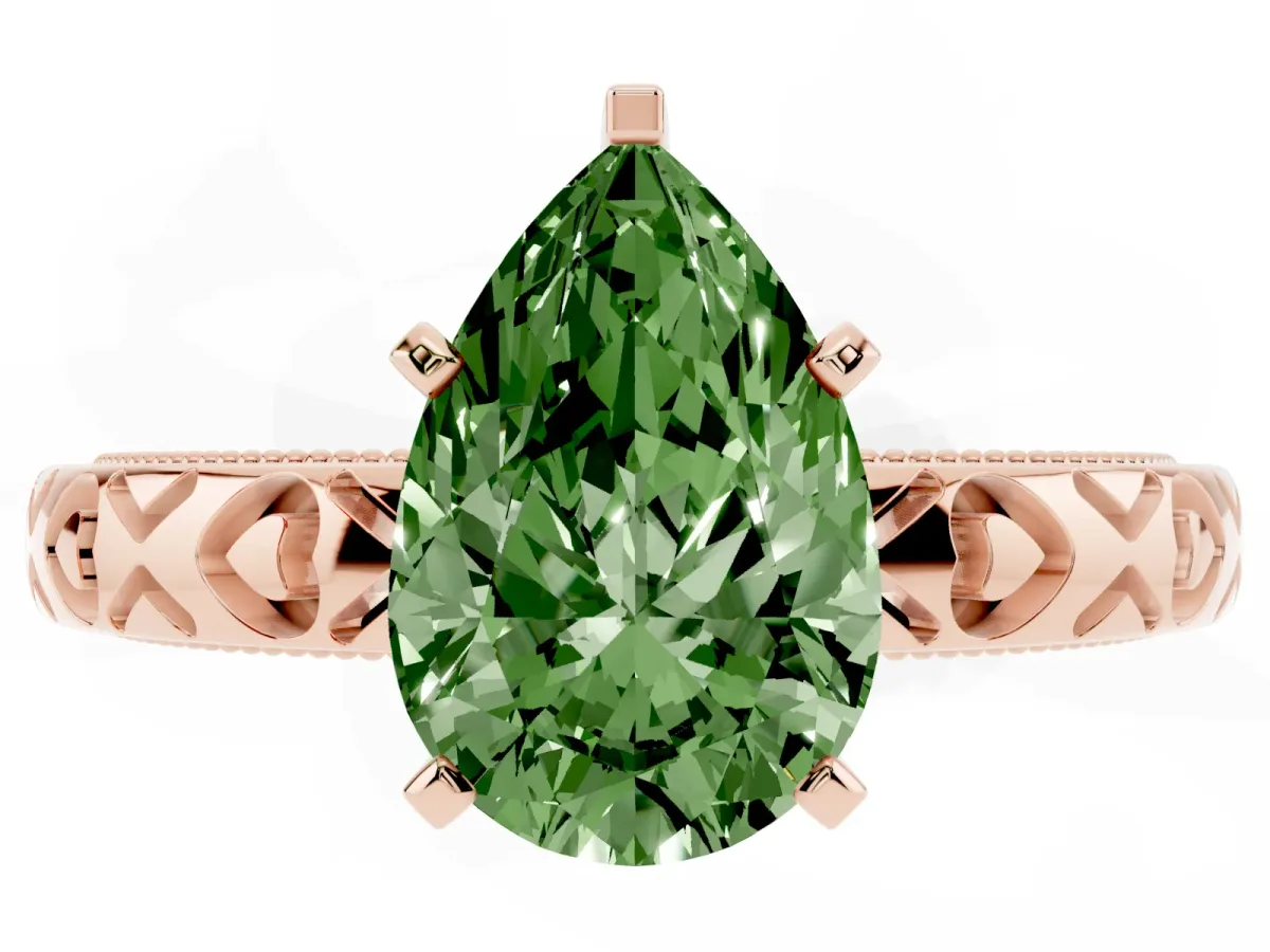 Fancy Green Pear Cut Solitaire Diamond Engagement Ring with XO Engraved Band and Four-Prong Setting Rose gold
