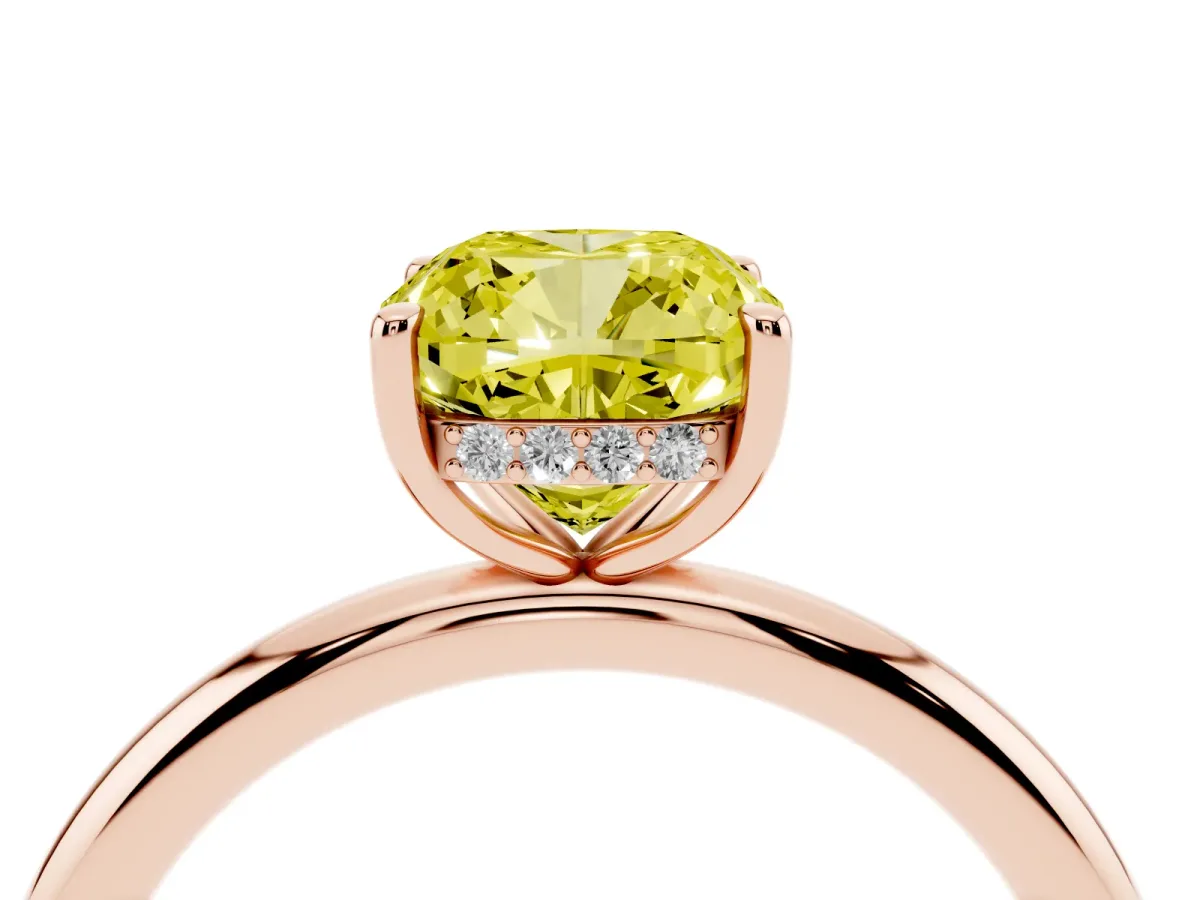 Fancy Yellow Cushion Cut Diamond Solitaire Ring with Thin Band and Four-Prong Setting Rose gold