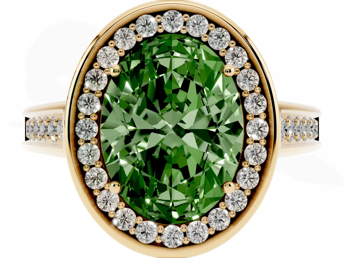 Fancy Green Oval Cut Halo Solitaire Diamond Ring with Pave Band and Bezel Setting Yellow gold