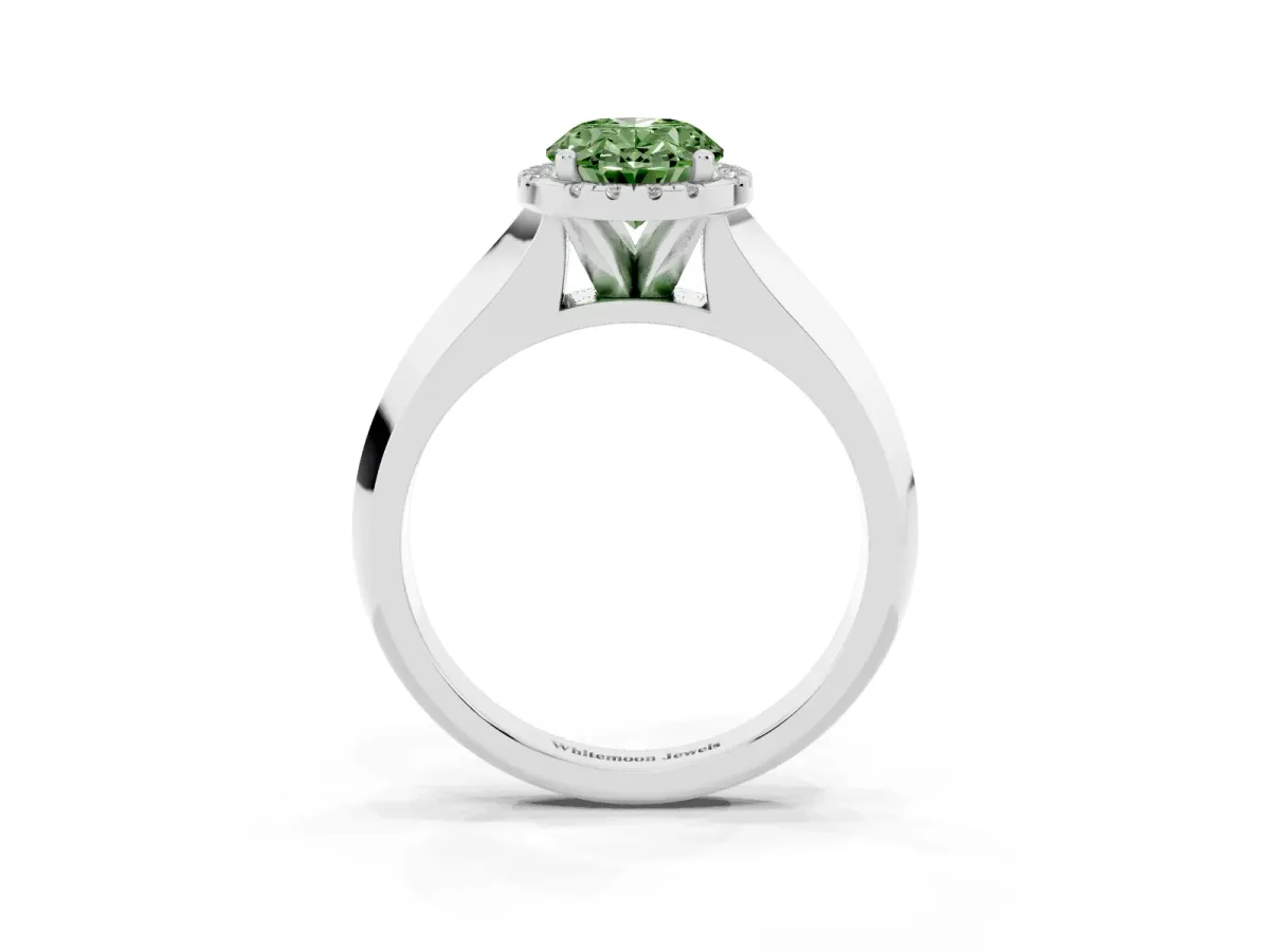 Fancy Green Oval Cut Halo Diamond Ring with Cathedral Band and Four-Prong Setting Silver