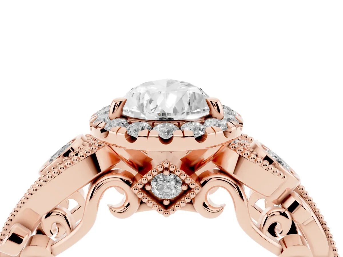 Pear Cut Halo Diamond Ring with Milgrain and Bezel Accents on a Split Shank Band Rose gold
