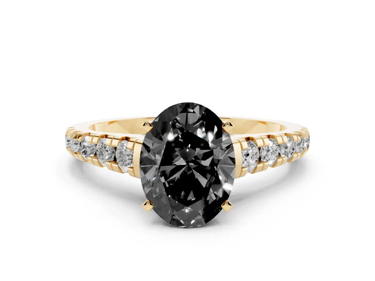 Fancy Black Oval Cut Diamond Cathedral Solitaire Ring with Round Pavé Band Yellow gold