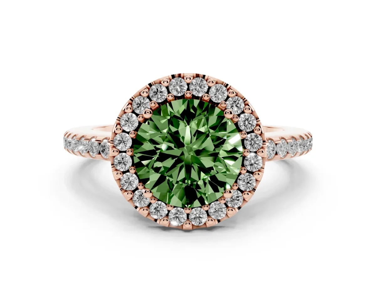 Fancy Green Round Cut Diamond Pavé Halo Ring with Four-Prong Setting Rose gold