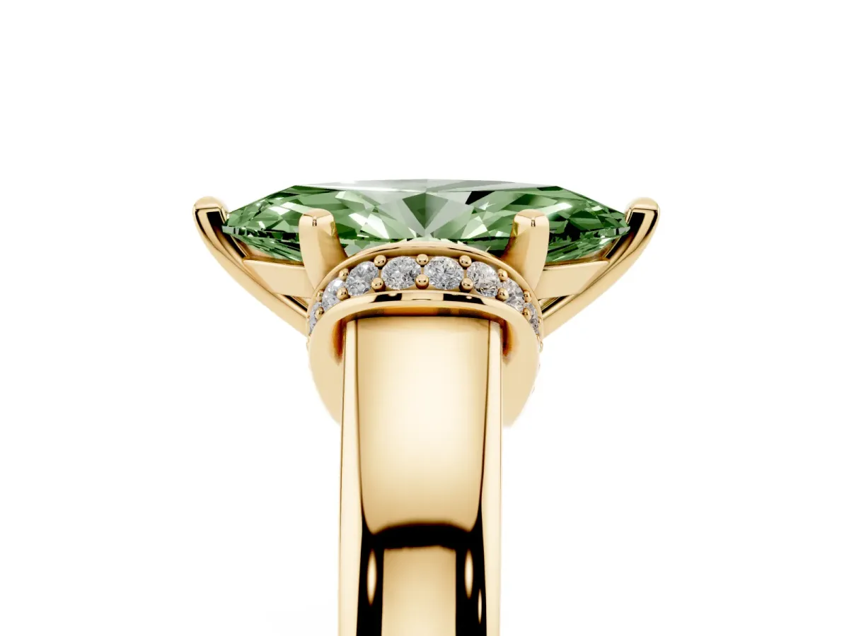 Fancy Green Marquise Cut Solitaire Diamond Ring with Pave Band and Six-Prong Setting Yellow gold