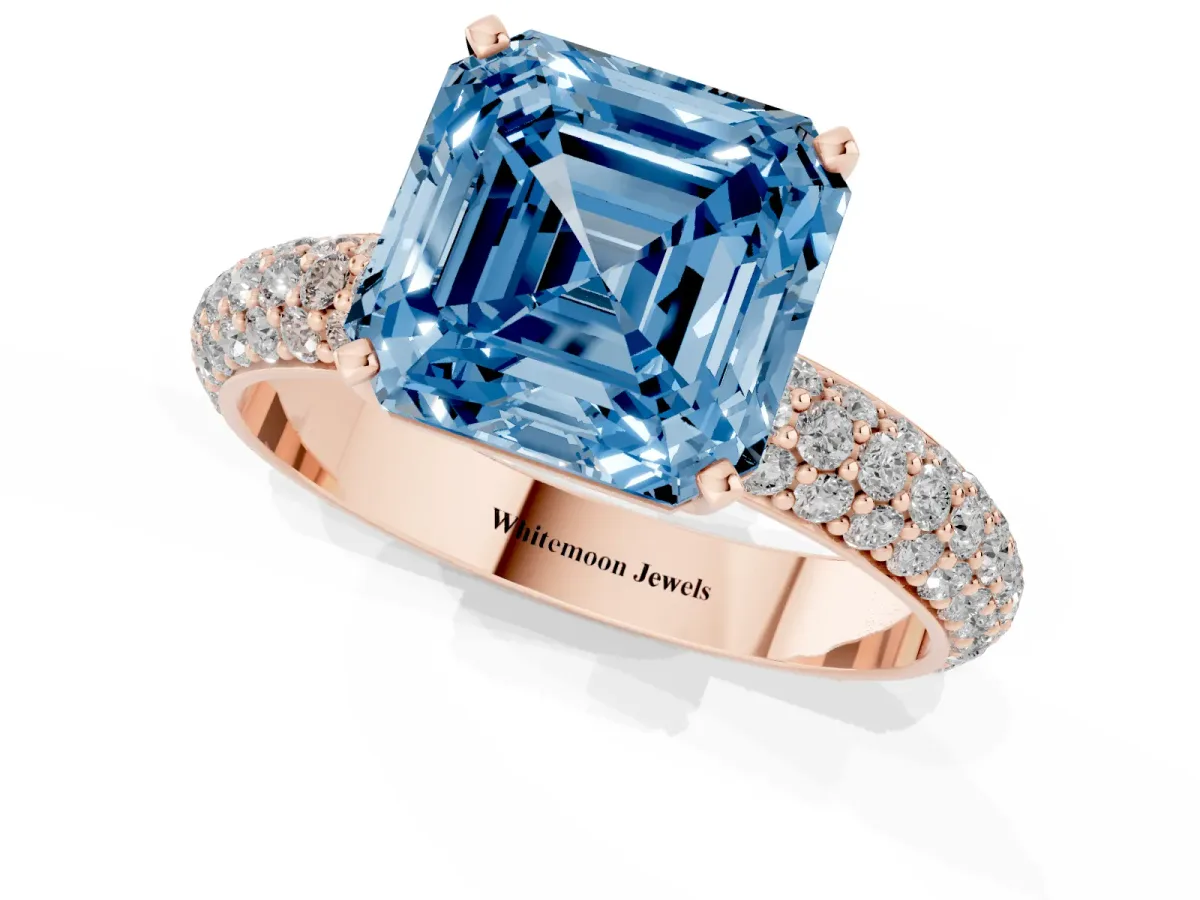 Fancy Blue Asscher Cut Diamond Solitaire Ring with Prong Setting and Pavé Band Rose gold