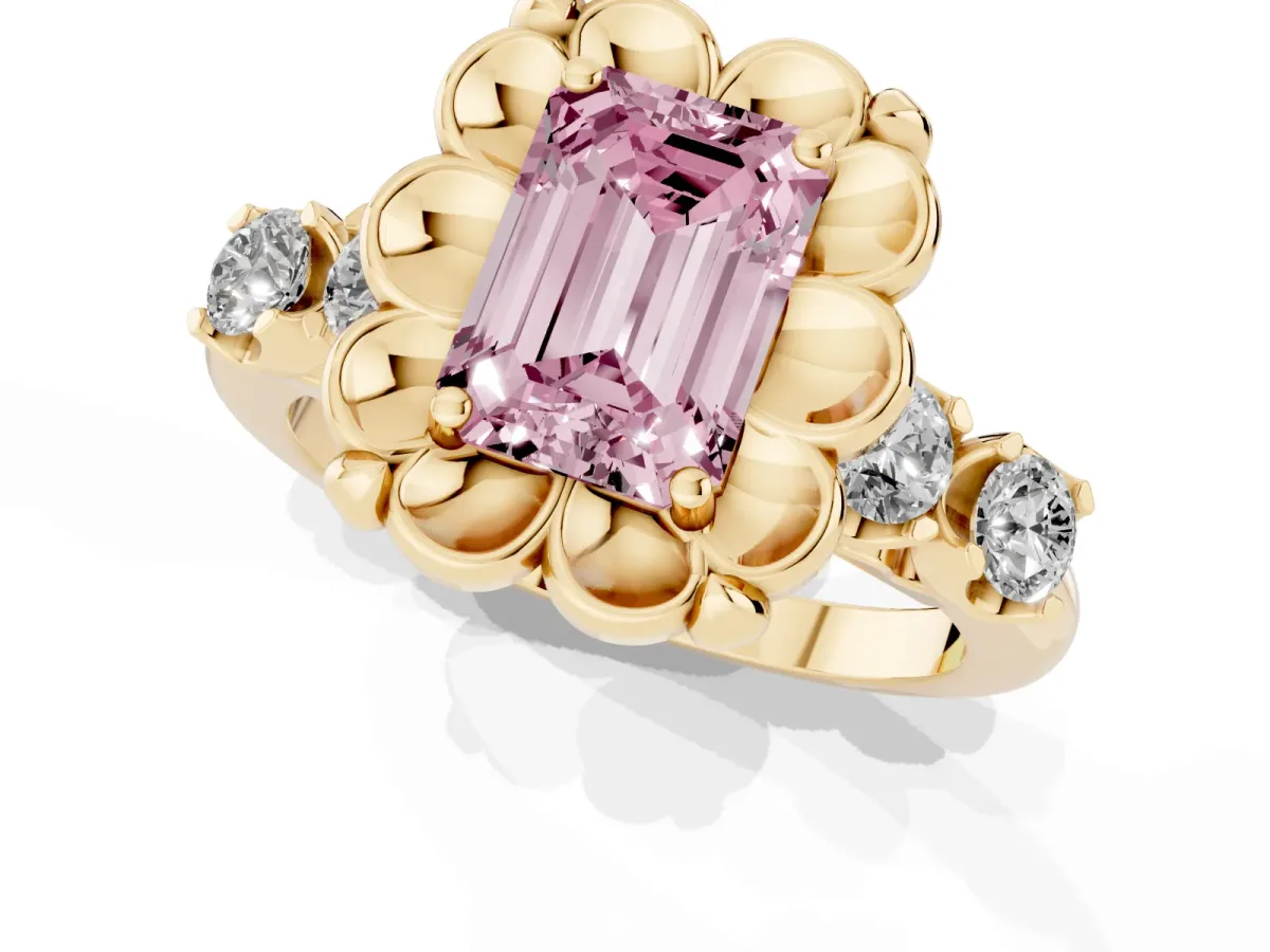 Fancy Pink Emerald Cut Cut Diamond Floral Halo Engagement Ring with Shared Prong Setting Yellow gold
