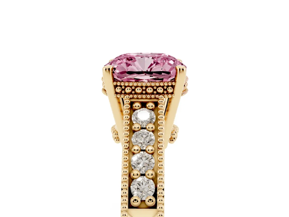 Fancy Pink Cushion Cut Solitaire Pavé Diamond Milgrain Engagement Ring with Four-Prong Setting Yellow gold