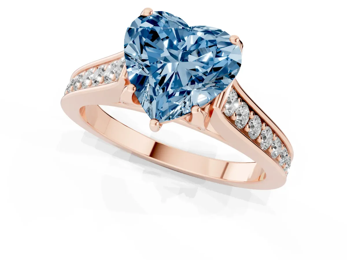 Fancy Blue Heart Cut Brilliant Cut Diamond Engagement Ring with Pavé Band and Four-Prong Setting Rose gold