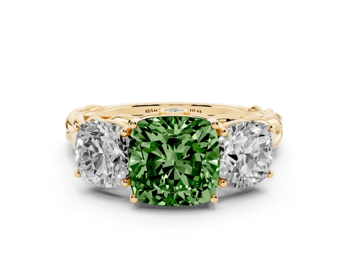 Fancy Green Three-Stone Cushion Cut Diamond Braided Band Ring with Four-Prong Setting Yellow gold