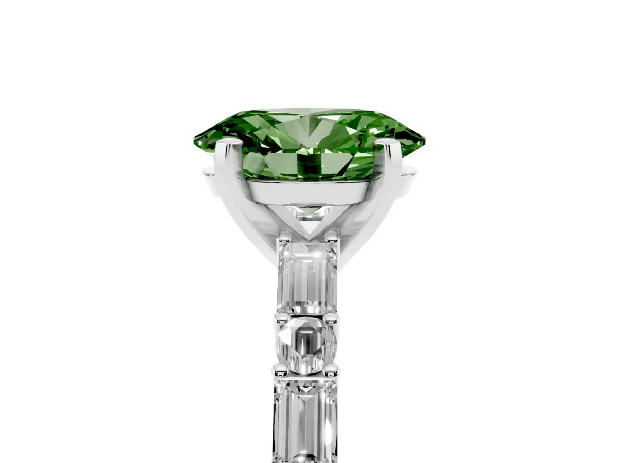 Fancy Green Oval Cut Diamond Solitaire with Side Baguettes and Channel Set Band Silver