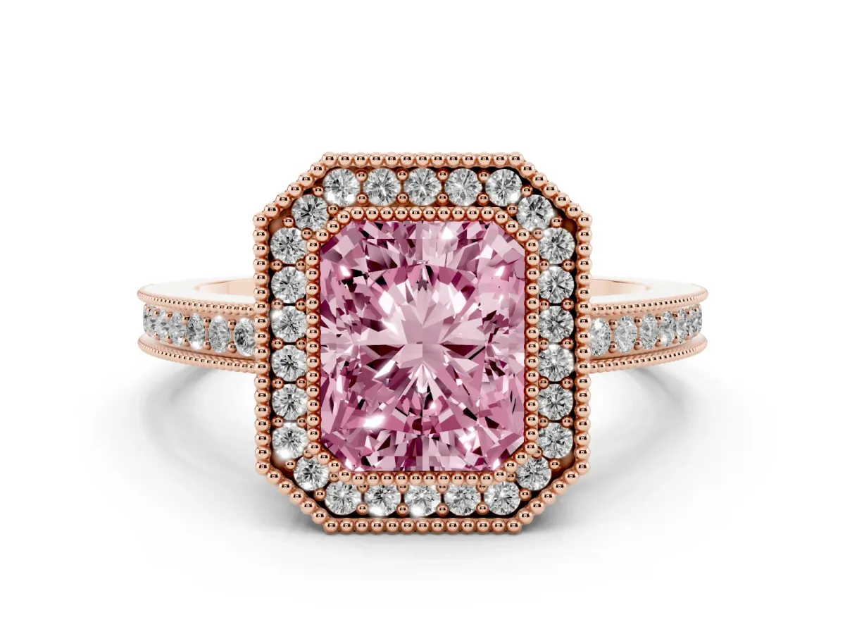 Fancy Pink Radiant Cut Cut Halo Diamond Ring with Pavé Band and Milgrain Prong Setting Rose gold