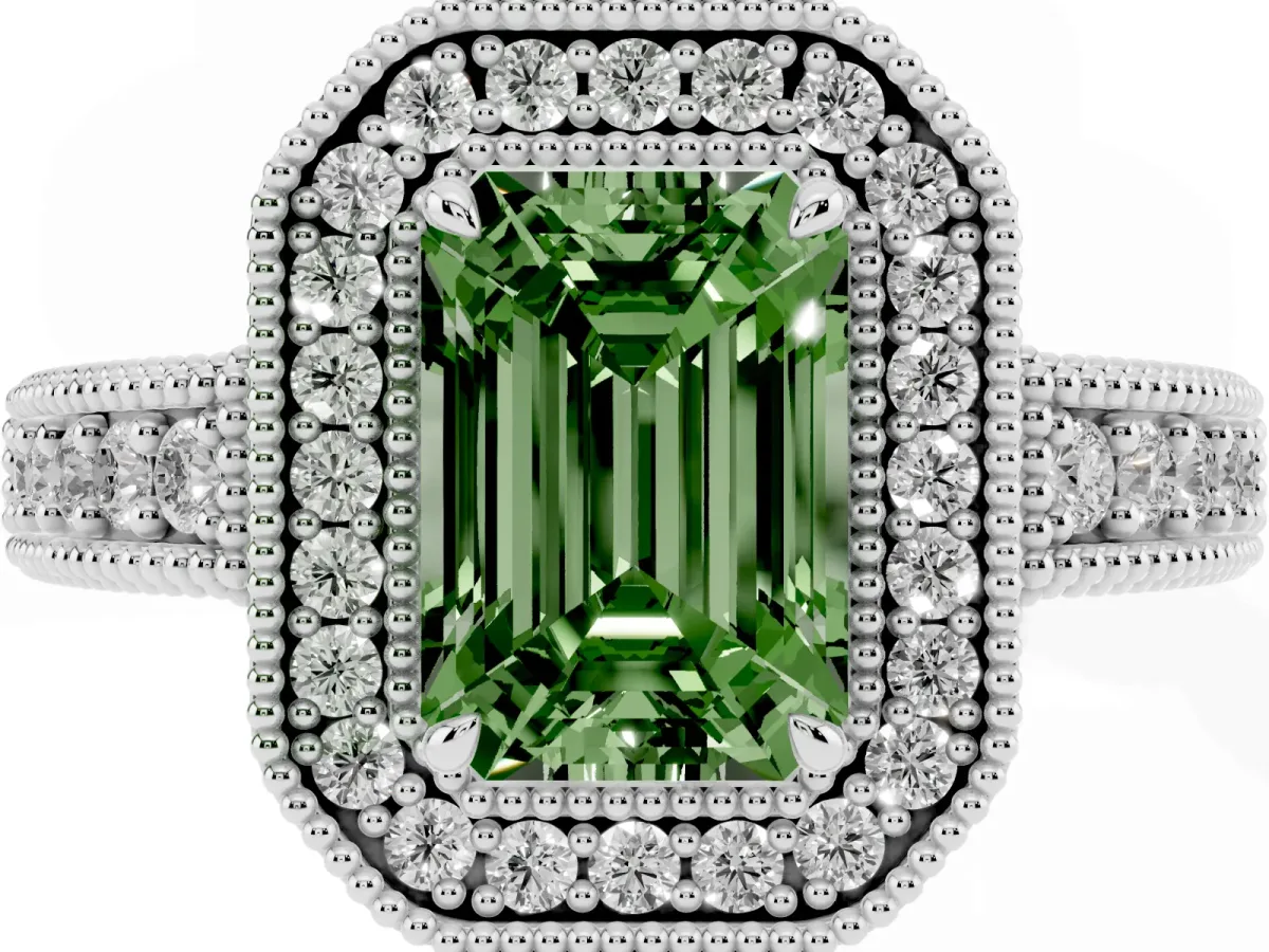 Fancy Green Emerald Cut Cut Halo Diamond Ring with Pavé Band and Four-Prong Setting White gold