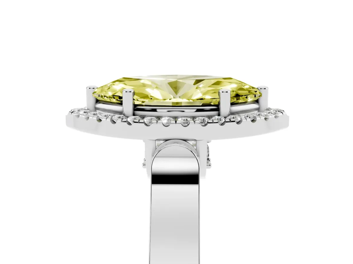 Fancy Yellow Marquise Cut Halo Round Diamond Twist Band with Four-Prong Setting Platinum