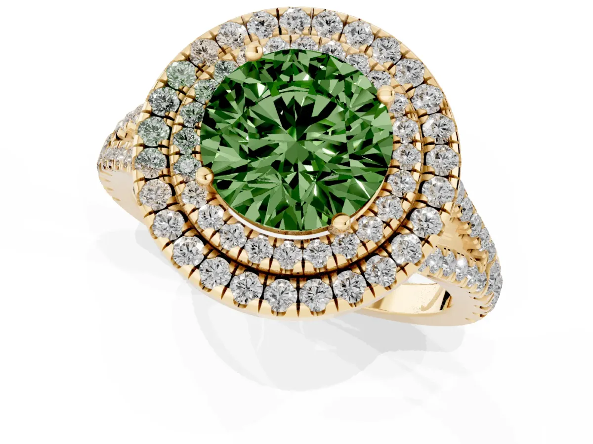 Fancy Green Round Cut Diamond Double Halo Ring with Pavé Band and Prong Setting Yellow gold