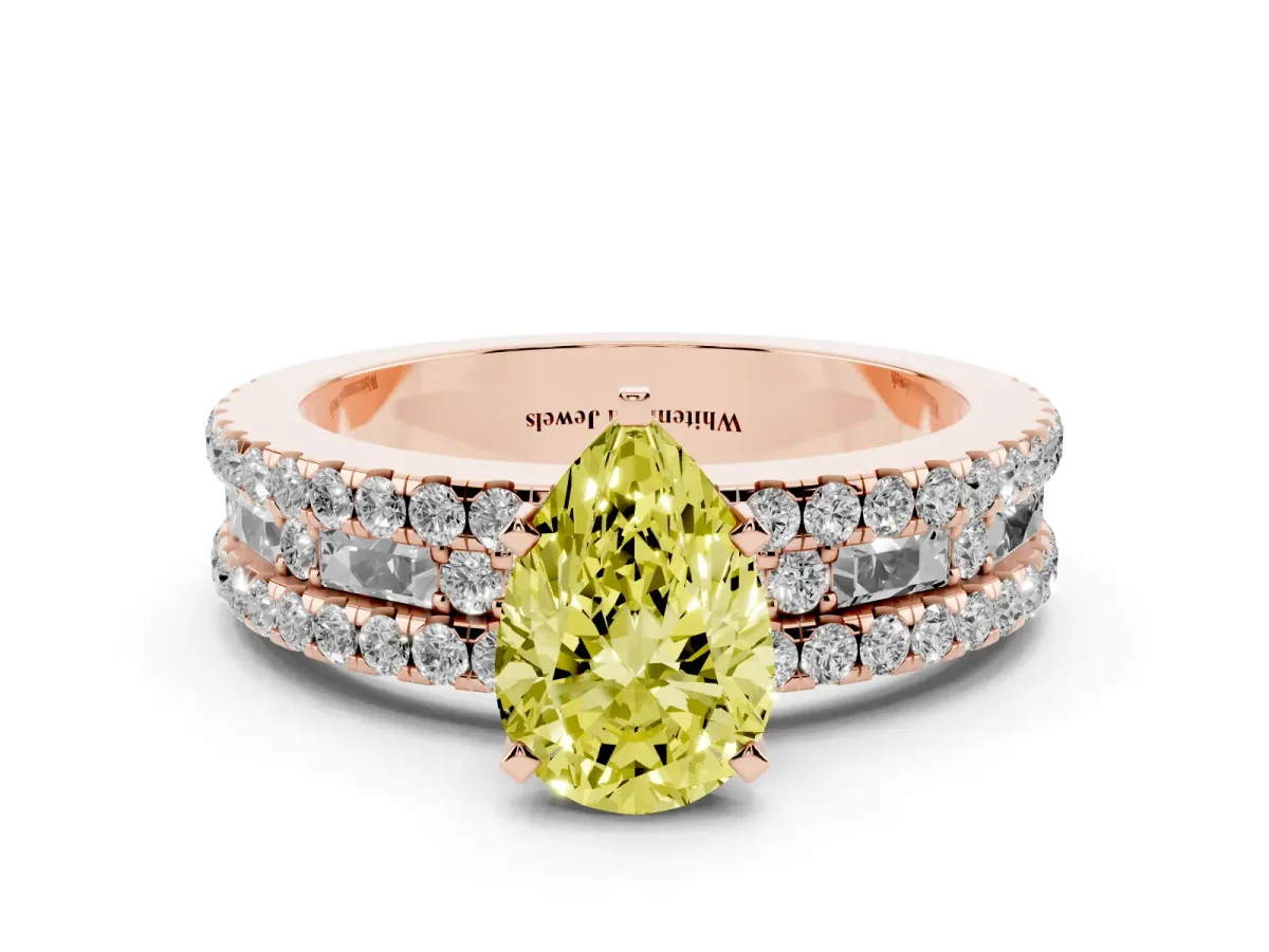 Fancy Yellow Pear Cut Diamond Solitaire Ring with Pavé and Channel Set Band Rose gold
