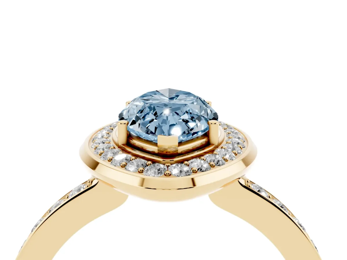 Fancy Blue Marquise Cut Diamond Halo Ring with Bezel Frame and Pavé Band Yellow gold