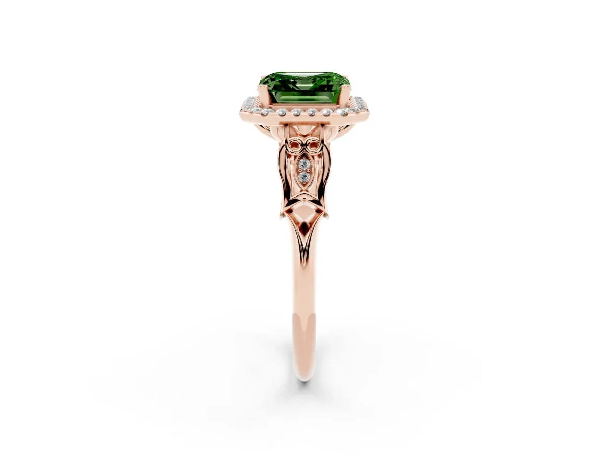 Fancy Green Asscher Cut Halo Diamond Engagement Ring with Filigree Band and Four-Prong Setting Rose gold