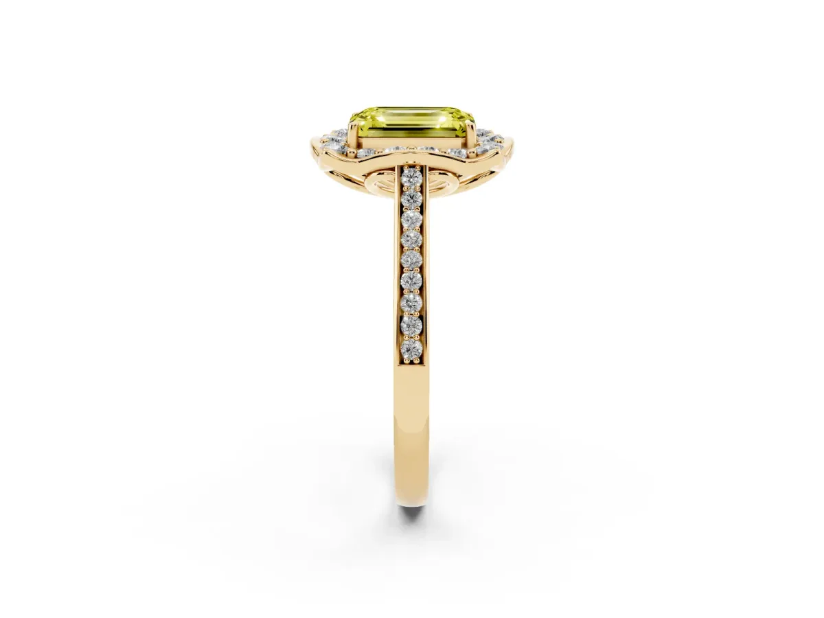Fancy Yellow Emerald Cut Halo Round Diamond Pave Band with Four-Prong Setting Yellow gold