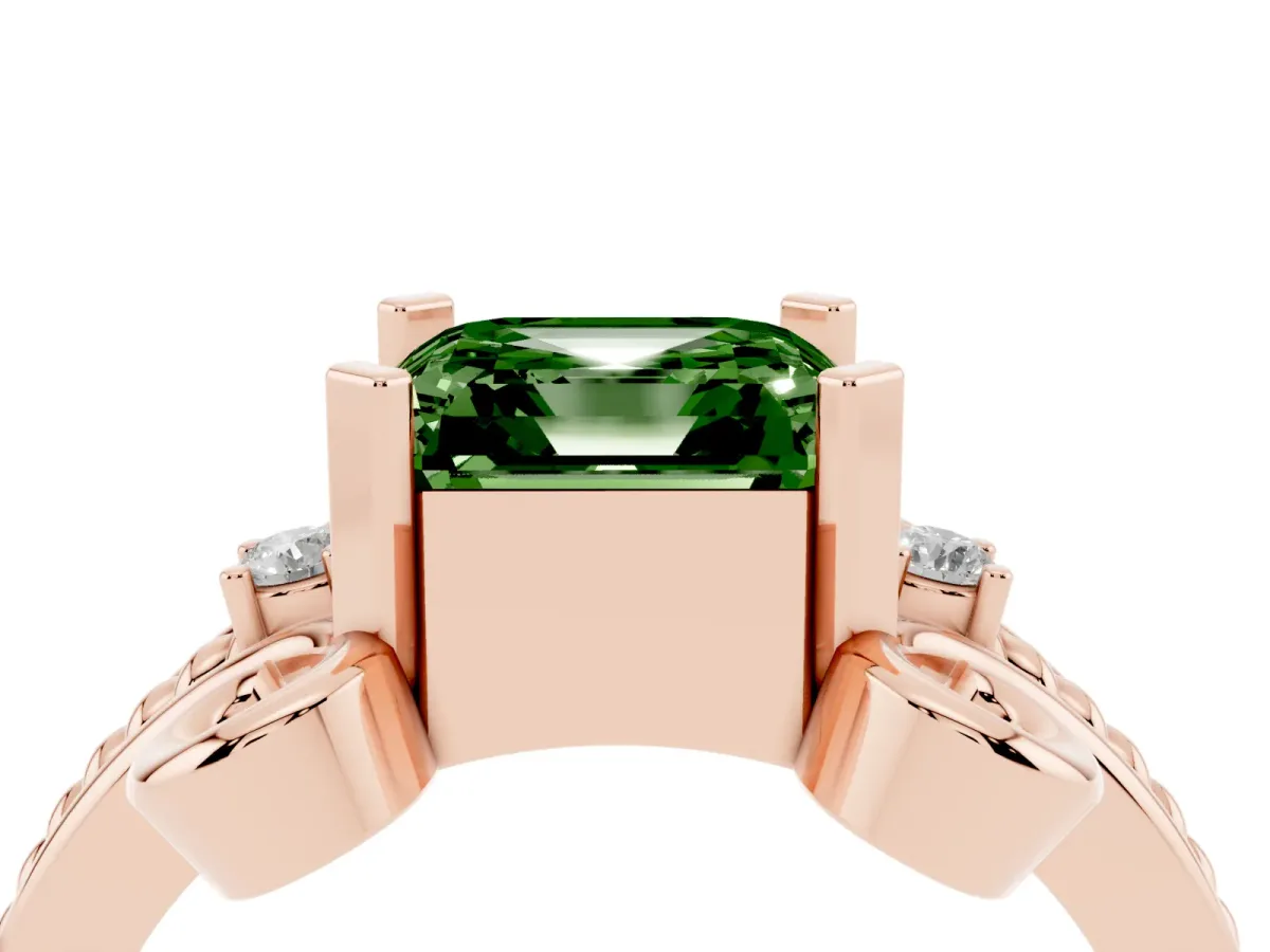 Fancy Green Asscher Cut Solitaire Twisted Band Scroll Prong Ring Rose gold