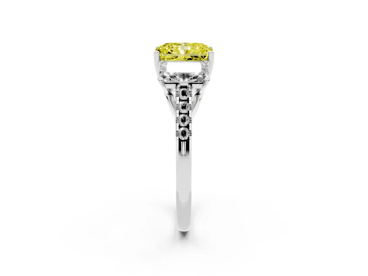 Fancy Yellow Three-Stone Radiant Cut Diamond Ring with Round Pavé Band and Prong Setting Silver