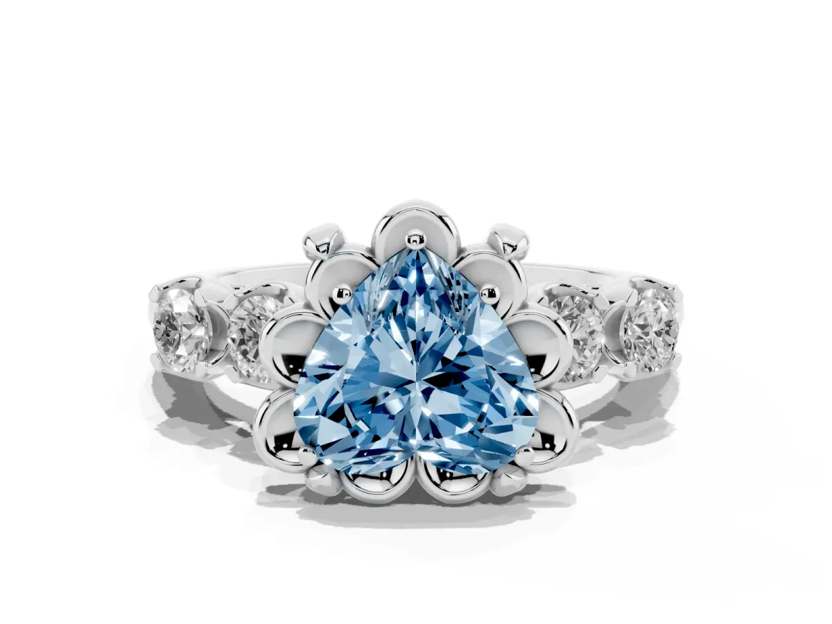 Fancy Blue Heart Cut Cut Diamond Floral Halo Engagement Ring with Shared Prong Setting Silver
