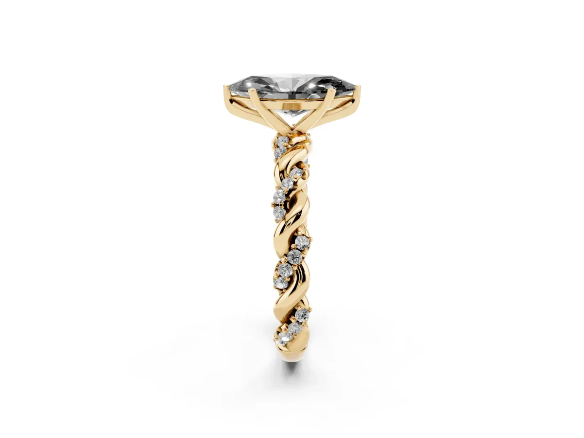 Fancy Black Marquise Cut Diamond Solitaire Ring with Twisted Band and Pavé Accents Yellow gold