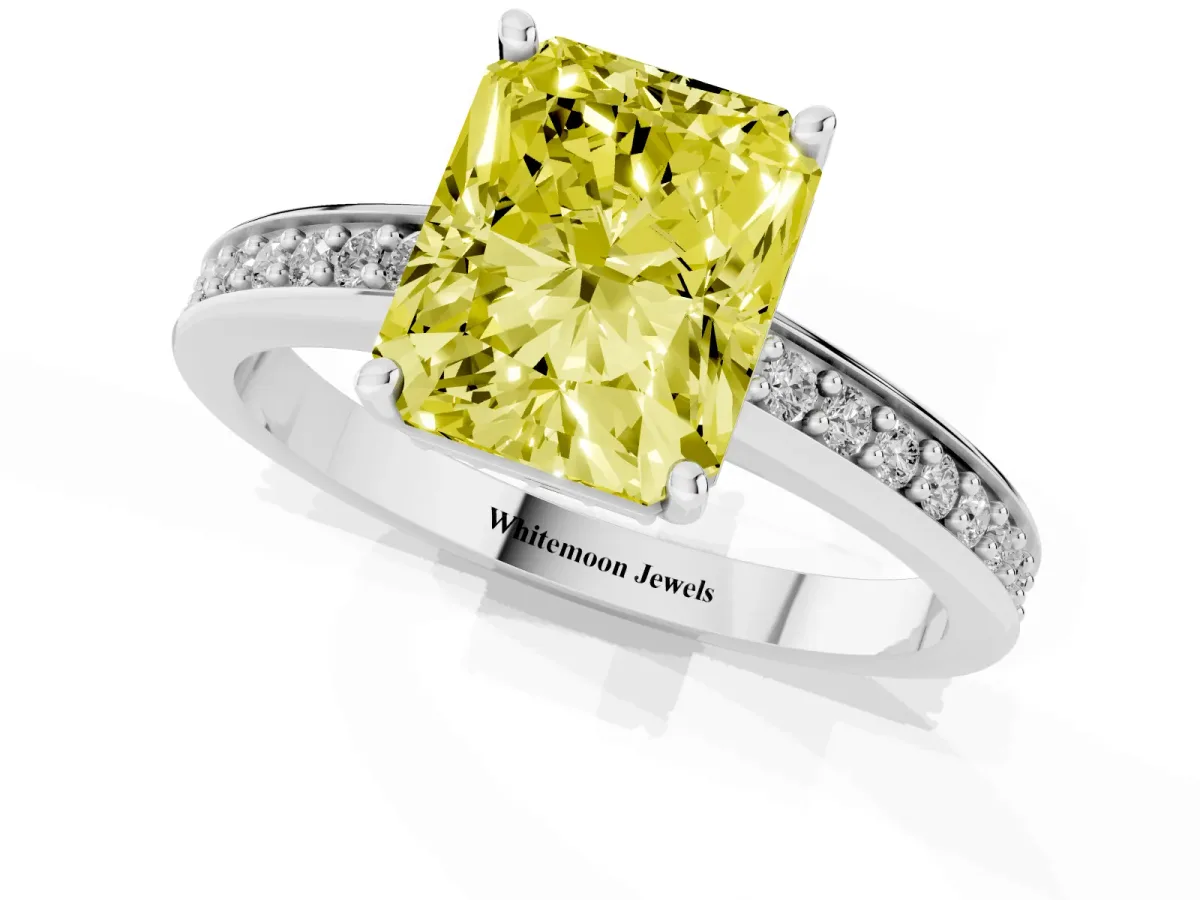 Fancy Yellow Radiant Cut Solitaire Pavé Band Prong Setting Ring Silver