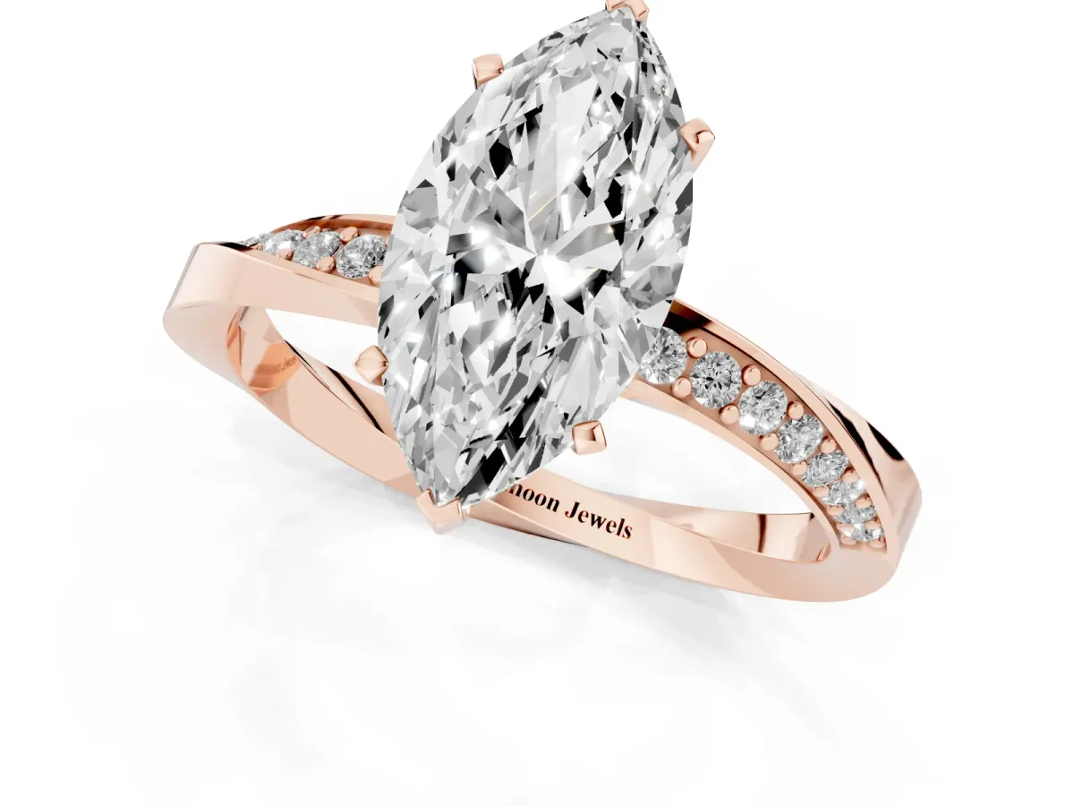Marquise Cut Diamond Engagement Ring with Side Stone Accents and Four-Prong Setting Rose gold