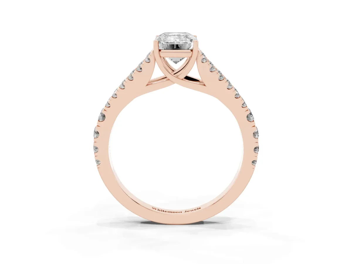 Emerald Cut Diamond Split Shank Pavé Engagement Ring with Four-Prong Setting Rose gold