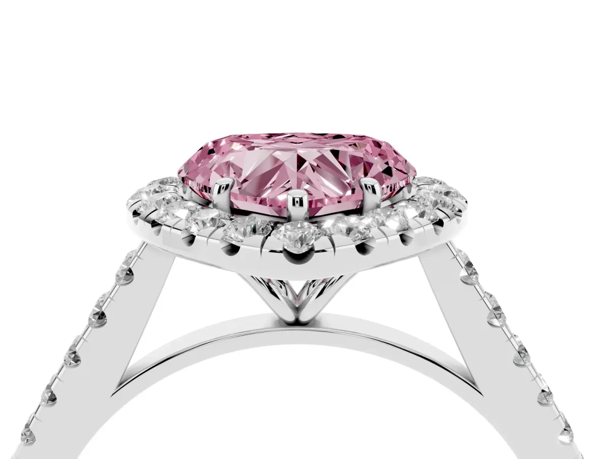 Fancy Pink Heart Cut Halo Pave Diamond Engagement Ring with Four-Prong Setting Platinum