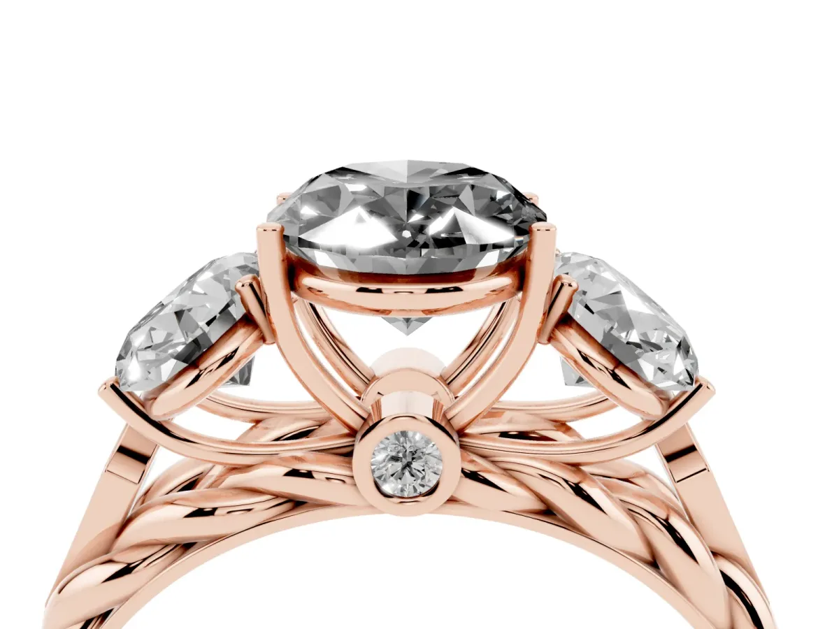 Fancy Black Three-Stone Oval Cut Diamond Braided Band Ring with Four-Prong Setting Rose gold